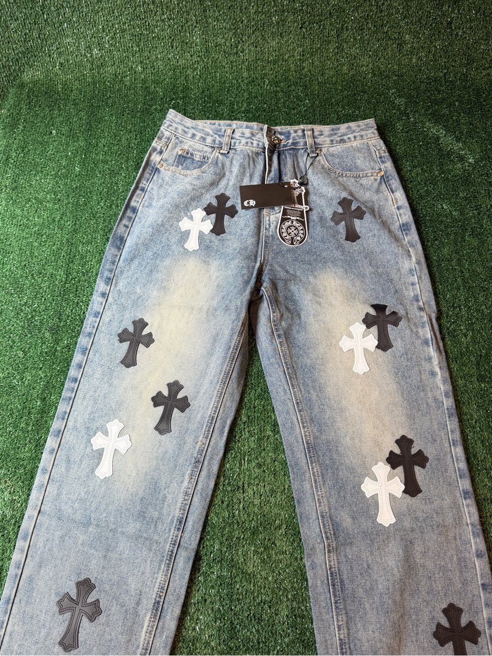 Light Blue Men’s Straight Denim Jeans with Black & White Cross Patches - Picture 2 of 11